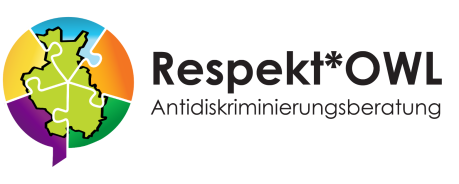 Logo der Antidiskriminierungsstelle. Links eine Sprechblase, welche puzzleartig in 5 Ebenen unterteilt ist. in die Farben Gelb, Blau, Orange, Lila, Grün. In der Mitte der Sprechblase sind die Umrisse von Ostwestfalen-Lippe ausgefüllt in hellem Grün. Rechts steht Respekt*OWL Antidiskriminierungsberatung