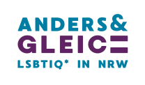 Logo von Anders und Gleich LSBTIQ* in NRW. Das Wort Gleich ist in Lila und das H von Gleich ist ein "ist gleich" zeichen. Die anderen Wörter sind blau.